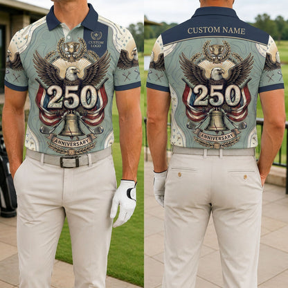 Front and back view of a personalized USA Liberty Bell golf polo shirt featuring the 250th anniversary artwork and custom back name.