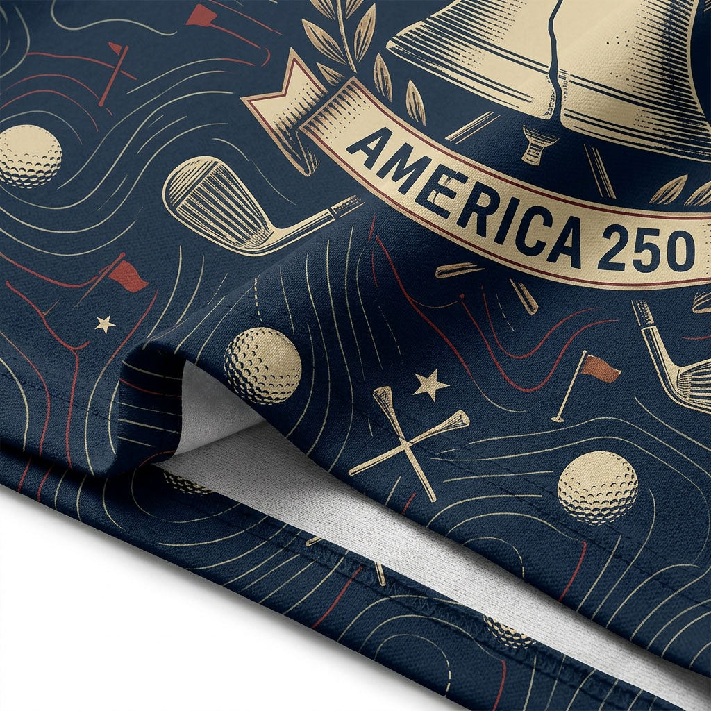 Close-up shot of the high-definition printed silver Liberty Bell emblem, crossed golf clubs, and America 250 ribbon text.