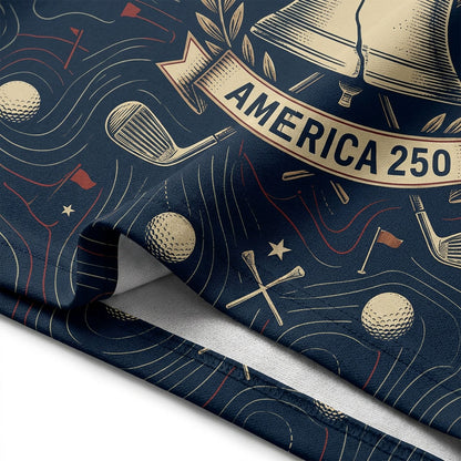 Close-up shot of the high-definition printed silver Liberty Bell emblem, crossed golf clubs, and America 250 ribbon text.
