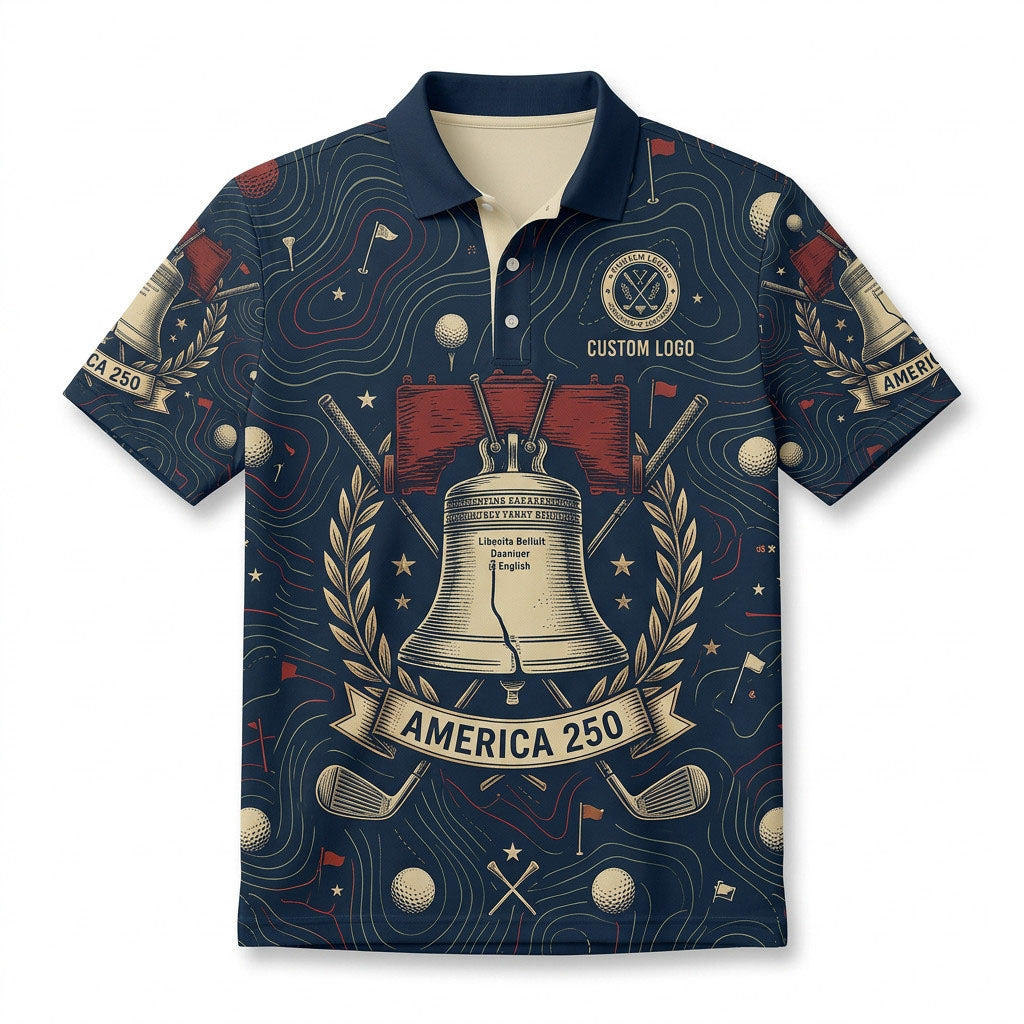 Front view of a navy and cream USA Liberty Bell America 250 Years golf polo shirt with custom player name option badge.