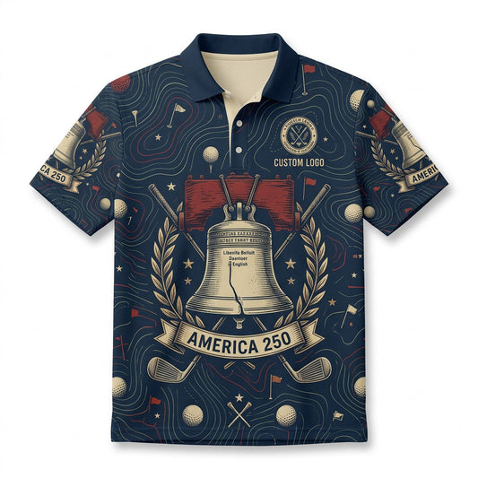 Front view of a navy and cream USA Liberty Bell America 250 Years golf polo shirt with custom player name option badge.