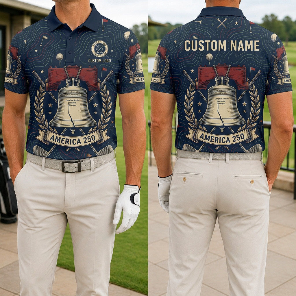 Front and back view of a personalized USA Liberty Bell golf polo shirt showing the custom name printing area on the back.