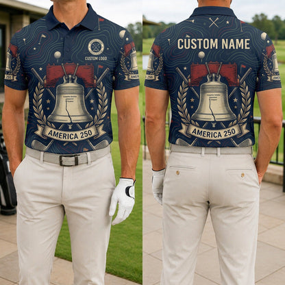 Front and back view of a personalized USA Liberty Bell golf polo shirt showing the custom name printing area on the back.