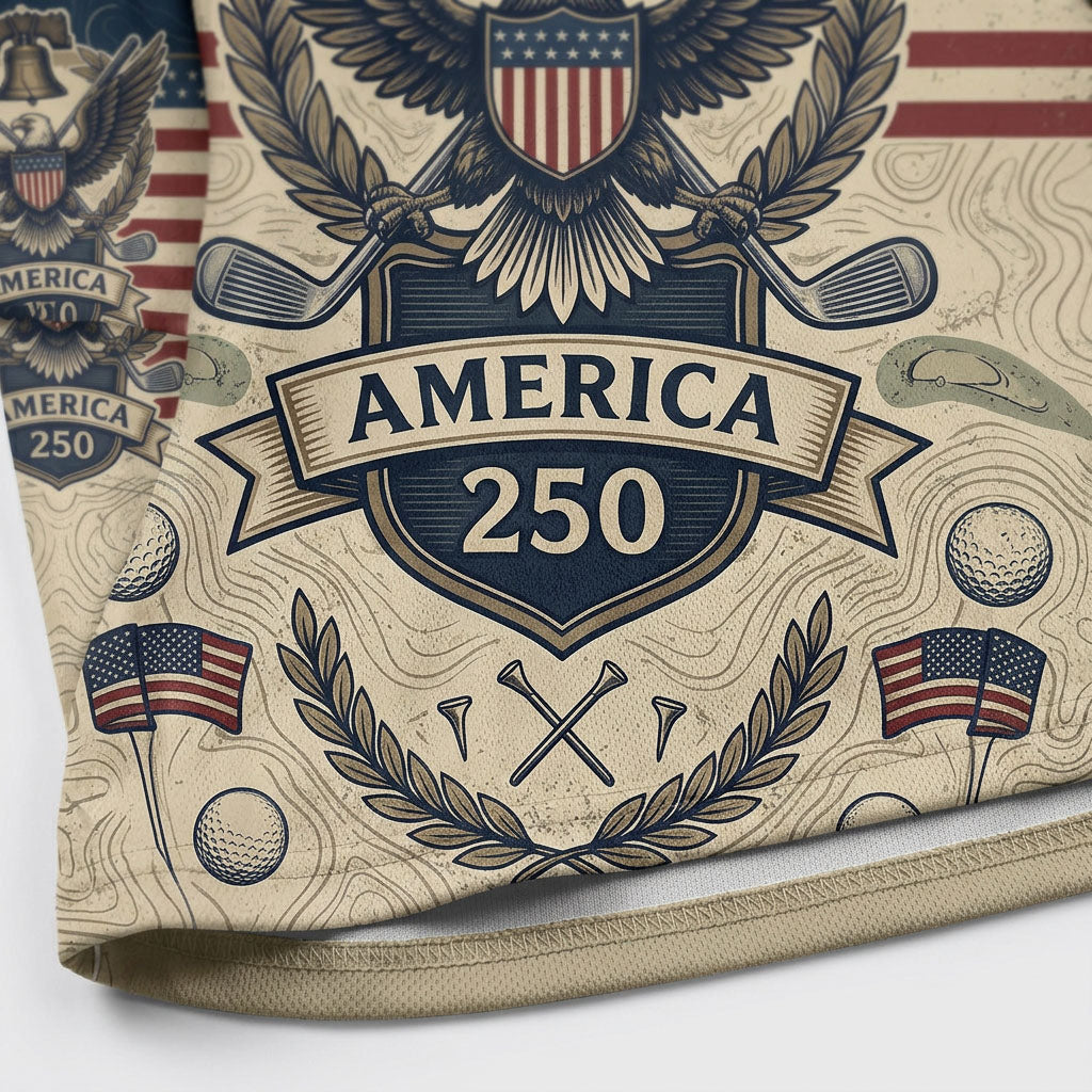 Close-up shot of the high-definition printed bald eagle crest, Liberty Bell emblem, and America 250 ribbon text.