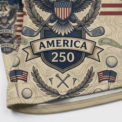Close-up shot of the high-definition printed bald eagle crest, Liberty Bell emblem, and America 250 ribbon text.