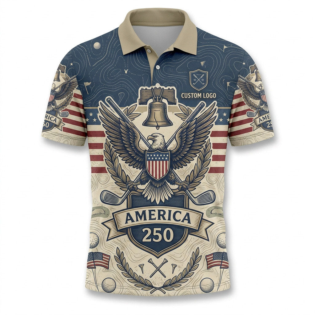 Front view of a navy and cream USA Liberty Bell Eagle 250 Years golf polo shirt with custom player name option badge.
