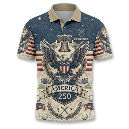 Front view of a navy and cream USA Liberty Bell Eagle 250 Years golf polo shirt with custom player name option badge.
