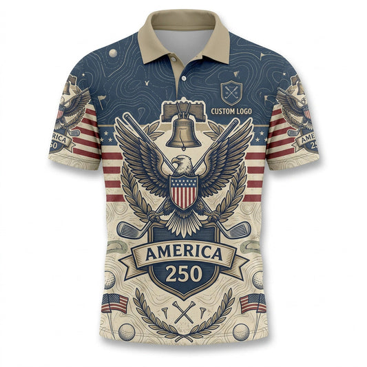 Front view of a navy and cream USA Liberty Bell Eagle 250 Years golf polo shirt with custom player name option badge.