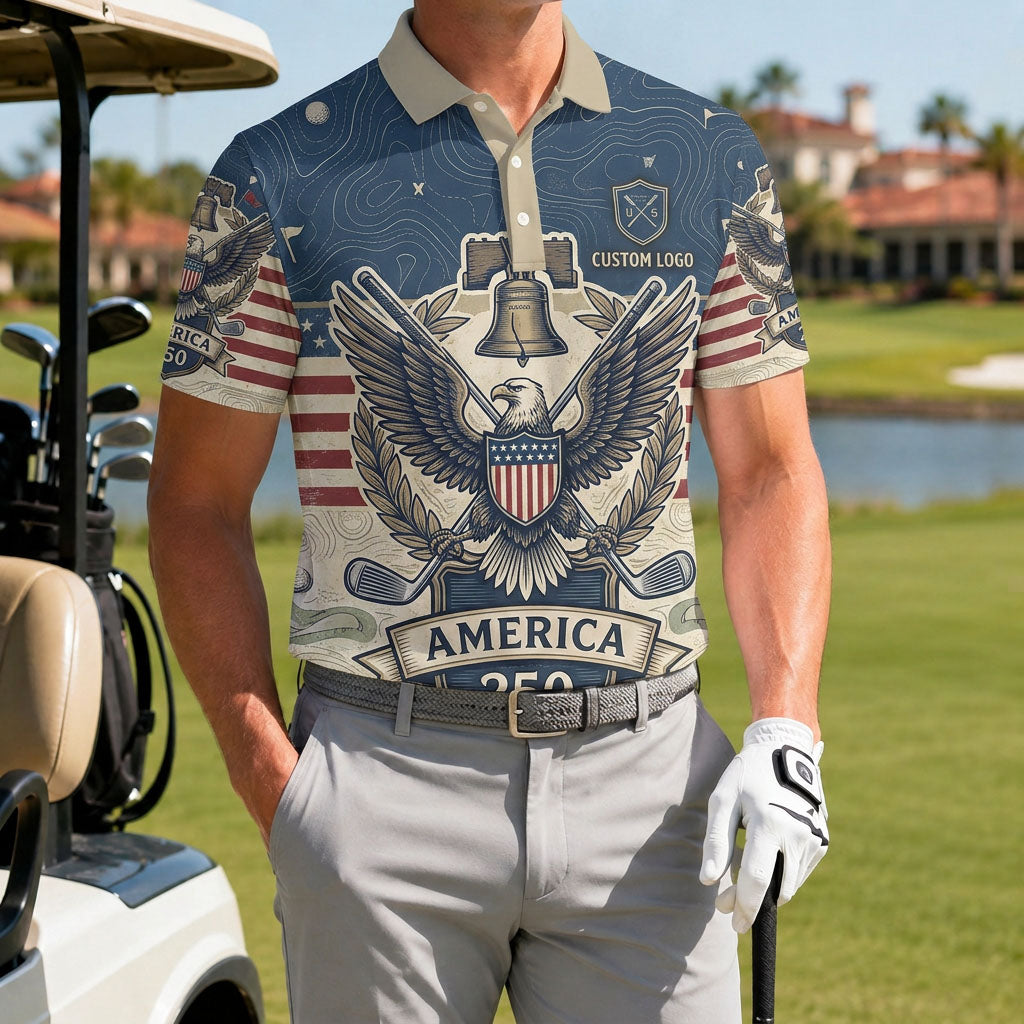 A male golfer wearing the customized USA Liberty Bell Eagle 250 Years polo shirt standing proudly on a premium country club fairway green.
