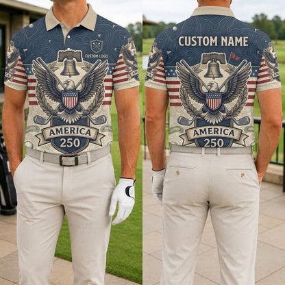 Front and back view of a personalized USA Liberty Bell Eagle polo shirt showing the custom name printing area on the back.