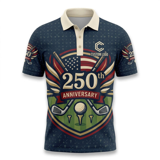 Front view of a vintage cream and navy USA Liberty Crown 250th Anniversary golf polo shirt with custom player name option badge [image_80].
