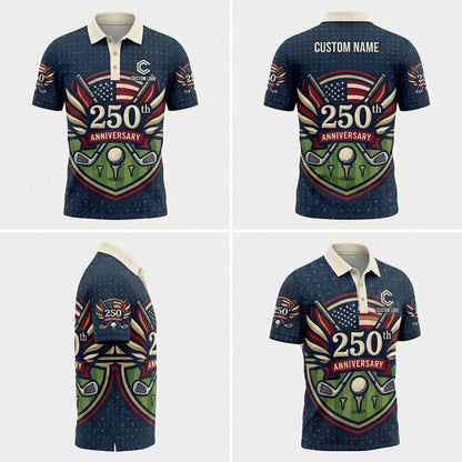 Multi-angle product display grid showcasing the front, back, navy starry shoulders, and athletic tailored fit of the polo shirt.