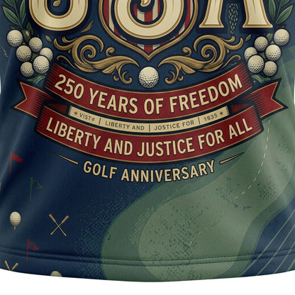 Close-up shot of the high-definition printed golden USA letters, crossed golf clubs, and Liberty and Justice For All ribbon text.