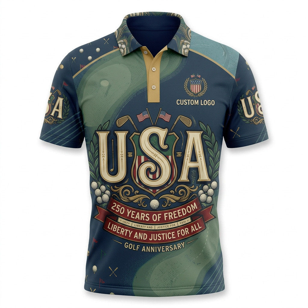 Front view of a green and navy USA Liberty Justice 250 Years golf polo shirt with custom player name option badge.
