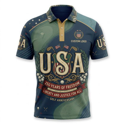 Front view of a green and navy USA Liberty Justice 250 Years golf polo shirt with custom player name option badge.