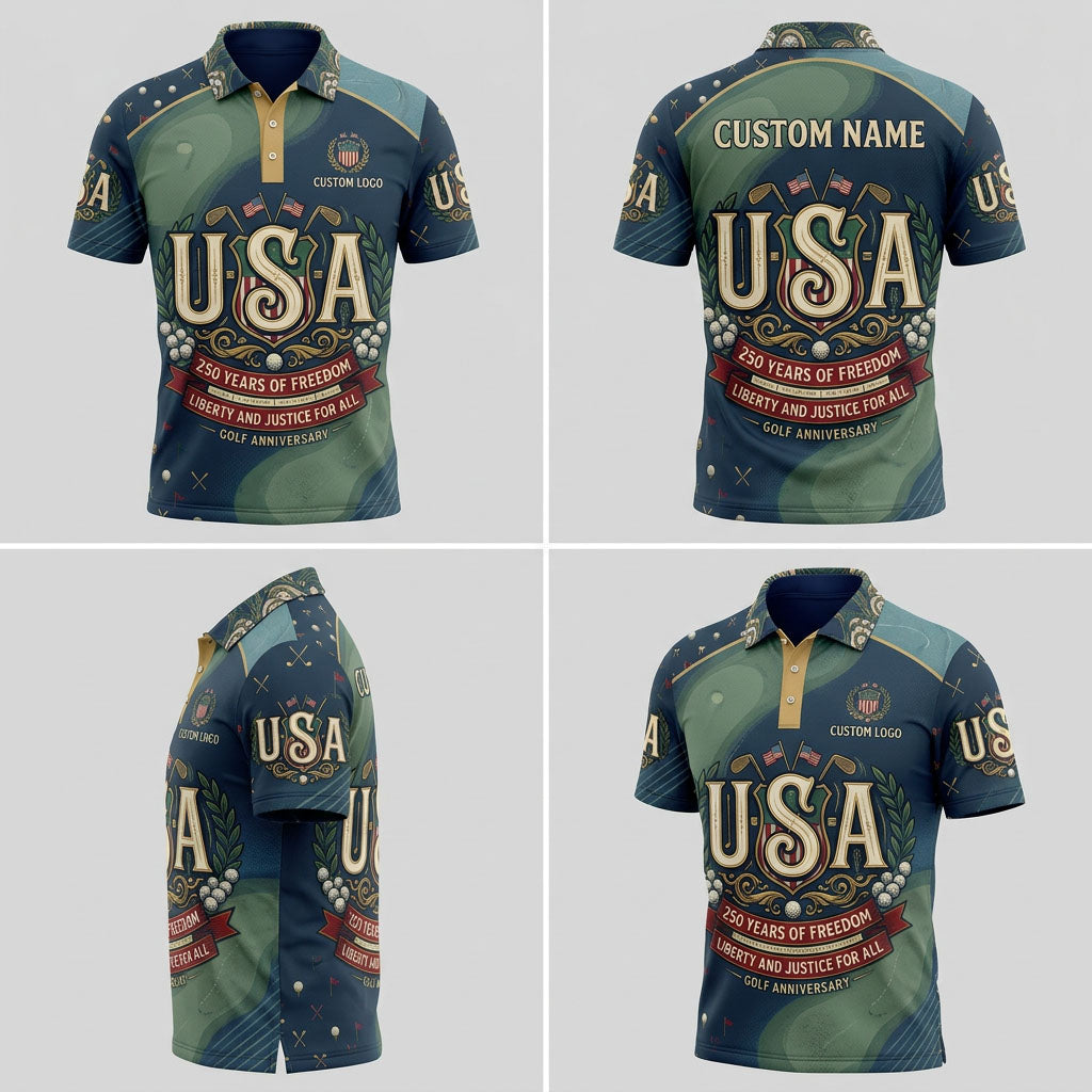 Multi-angle product display grid showcasing the front, back, star pattern side panels, and athletic tailored fit of the polo shirt.