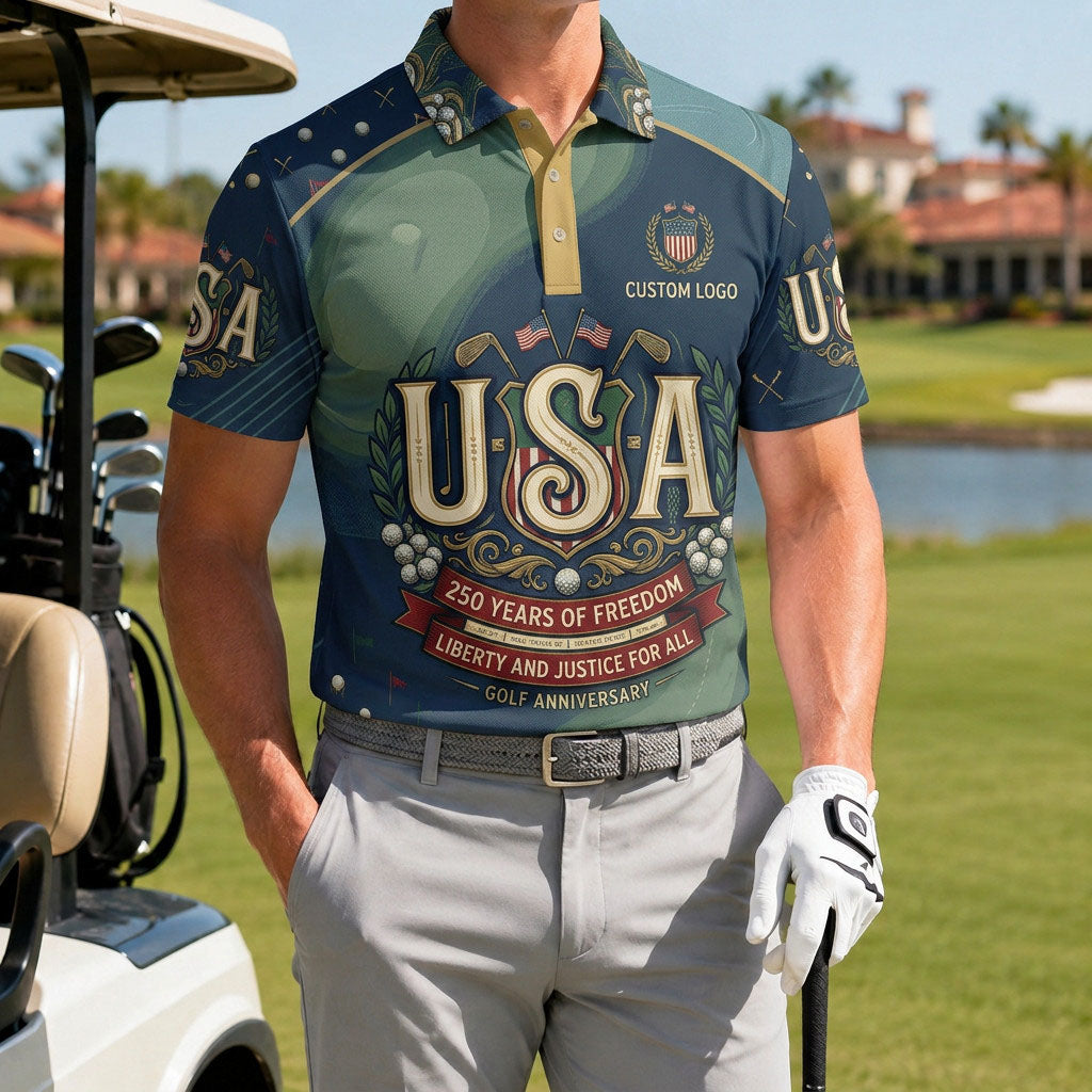 A male golfer wearing the customized USA Liberty Justice 250 Years polo shirt standing proudly on a premium country club fairway green.