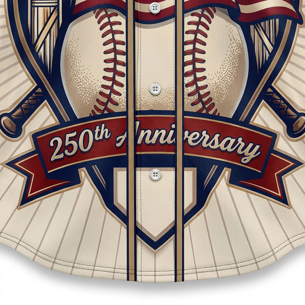 Close-up shot of the detailed retro print displaying the large baseball design and a 250th Anniversary ribbon on a patriotic jersey.