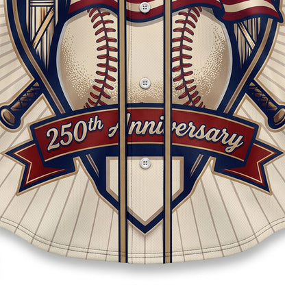 Close-up shot of the detailed retro print displaying the large baseball design and a 250th Anniversary ribbon on a patriotic jersey.