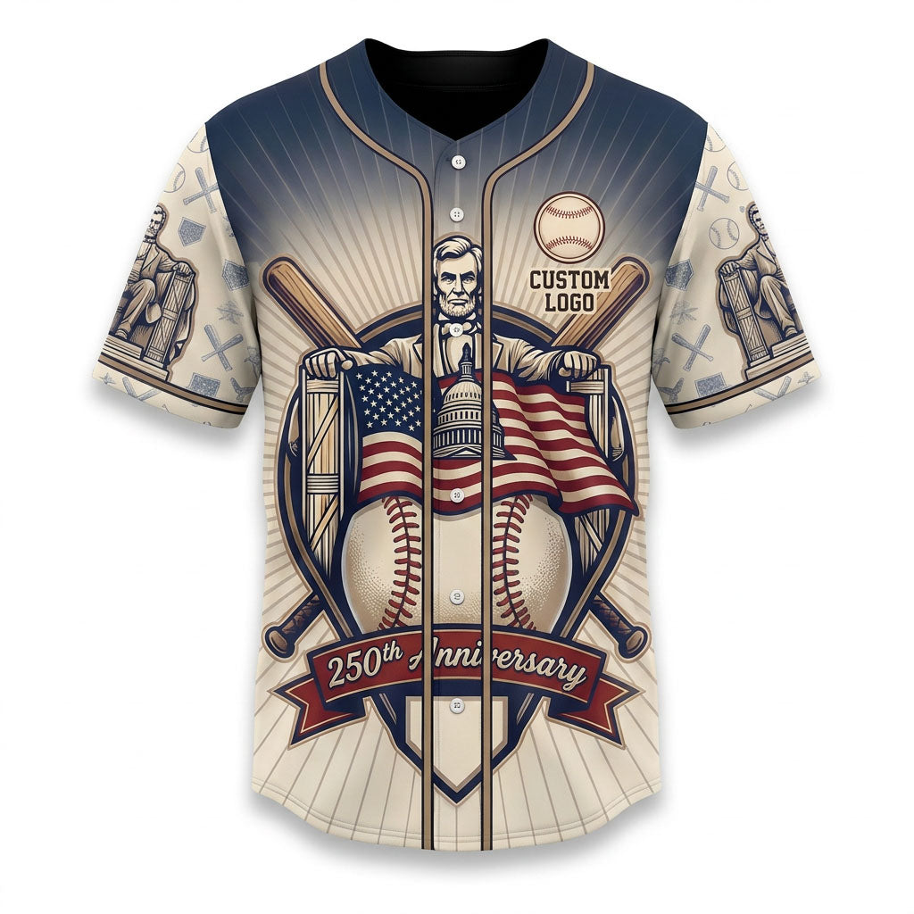 Front view of a cream and navy gradient USA Lincoln Memorial 250th Anniversary baseball jersey with Abraham Lincoln graphic.