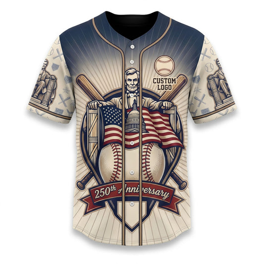Front view of a cream and navy gradient USA Lincoln Memorial 250th Anniversary baseball jersey with Abraham Lincoln graphic.