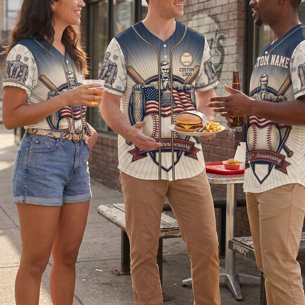 A group of multi-ethnic friends wearing matching USA Lincoln Memorial baseball jerseys while having fun at a summer cookout.