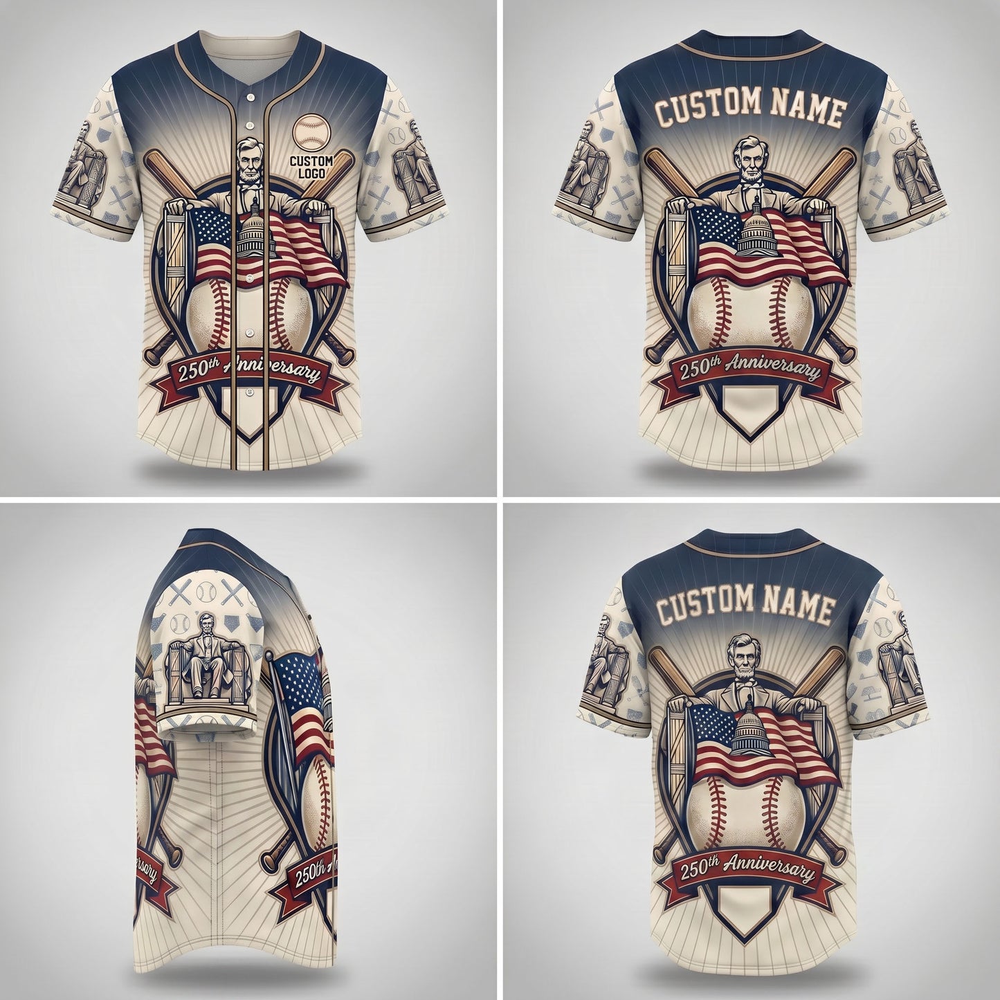Multi-angle product display grid showcasing the front, back, side sleeve details, and Lincoln Memorial prints on the sleeves.