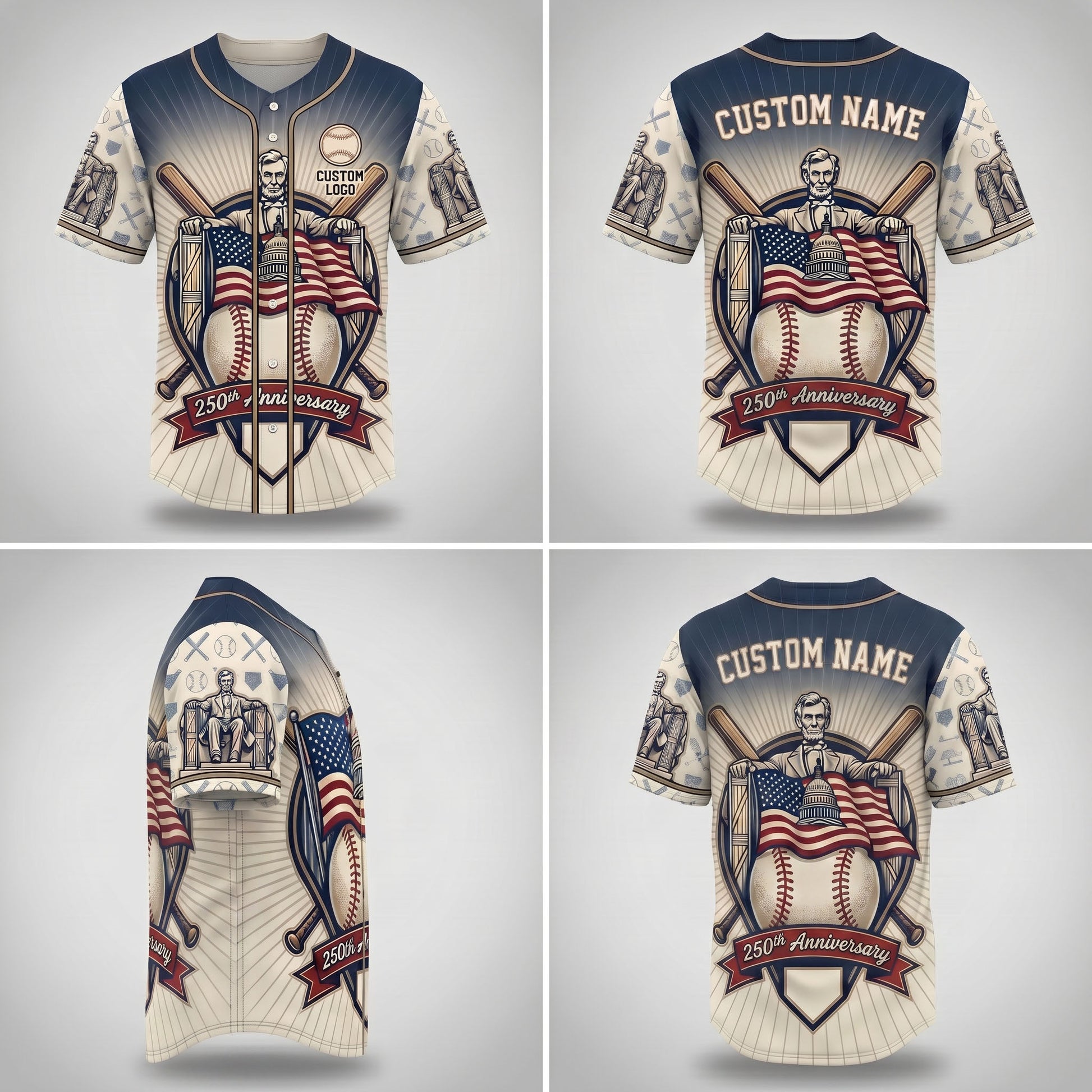 Multi-angle product display grid showcasing the front, back, side sleeve details, and Lincoln Memorial prints on the sleeves.