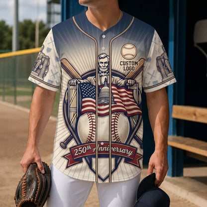 A male model wearing the custom USA Lincoln Memorial 250th Anniversary baseball jersey at a sunny dugout holding a leather glove.
