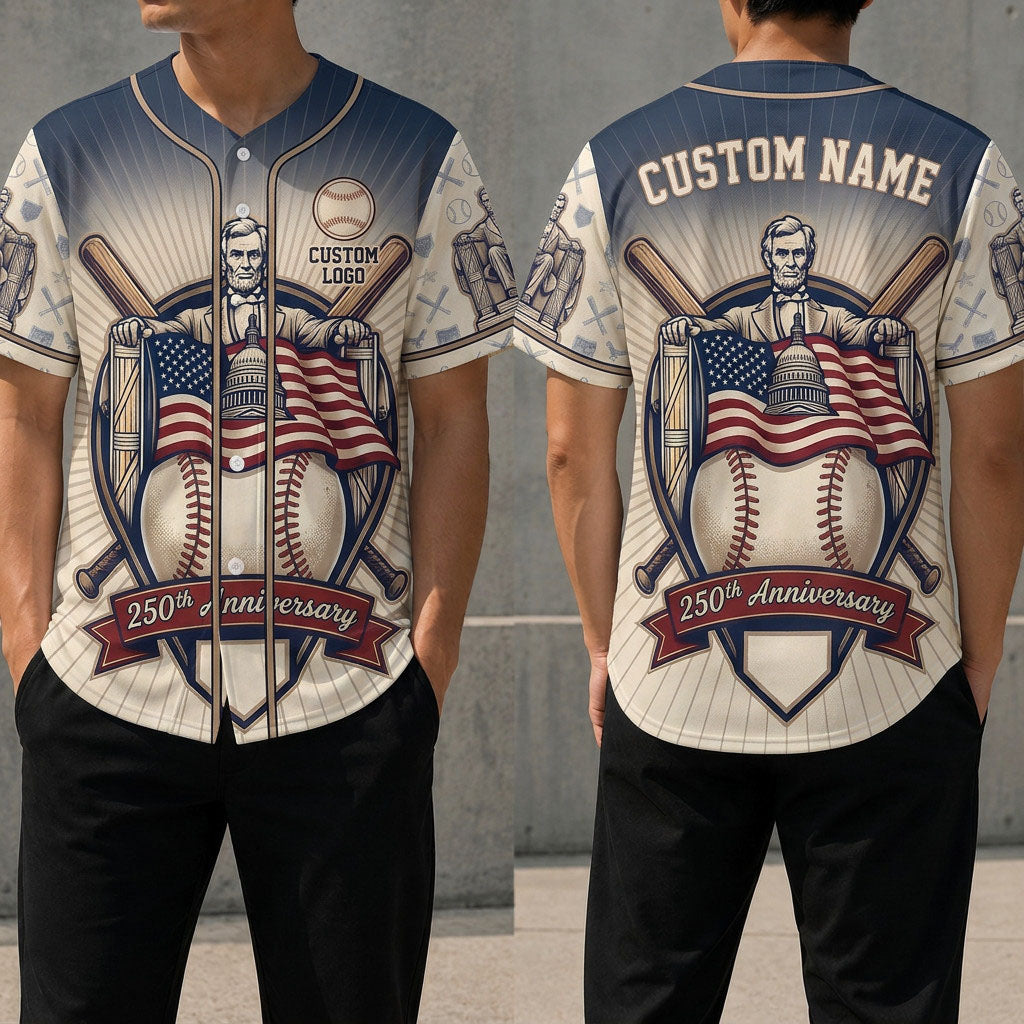 Front and back view of a customizable USA Lincoln Memorial baseball jersey featuring patriotic flags and a 250th anniversary banner.