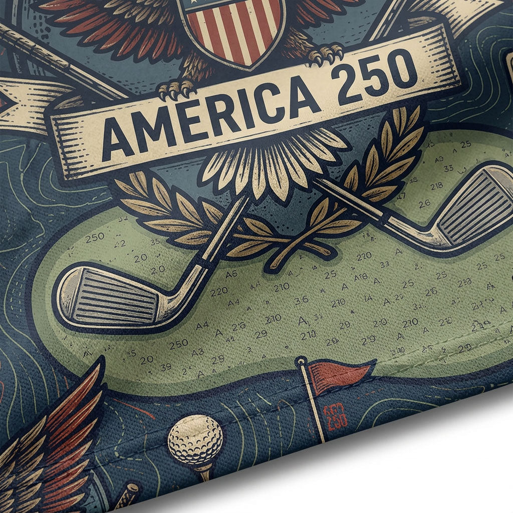 Close-up shot of the high-definition printed bald eagle crest, golf ball, crossed clubs, and Celebrating 250 Years ribbon text.