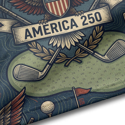 Close-up shot of the high-definition printed bald eagle crest, golf ball, crossed clubs, and Celebrating 250 Years ribbon text.