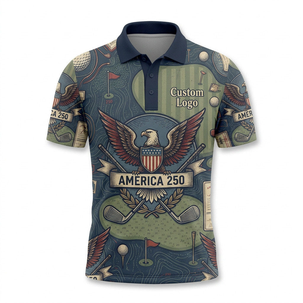 Front view of a camouflage pattern USA Patriotic Eagle 250 Years golf polo shirt with custom player name option badge.