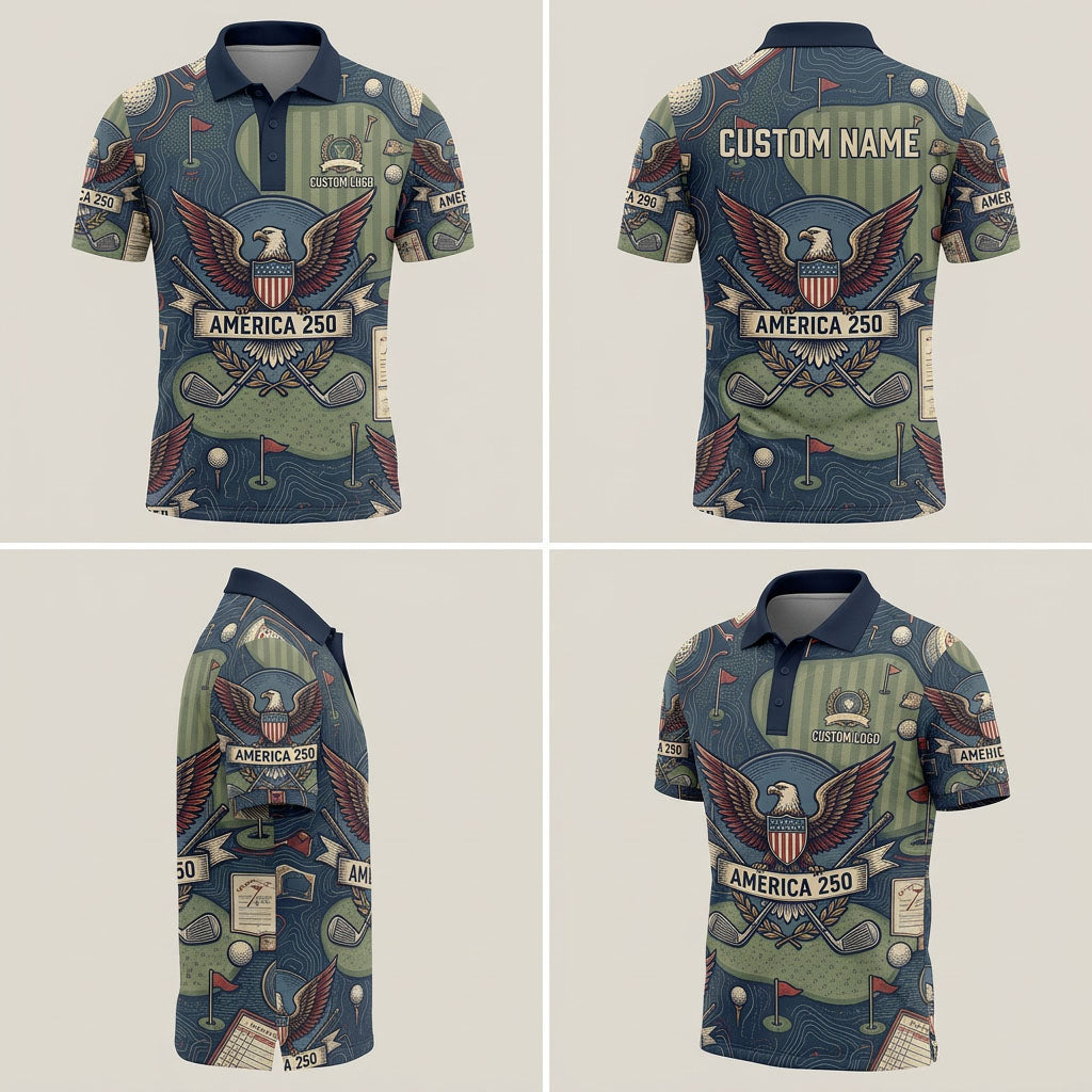 Multi-angle product display grid showcasing the front, back, army camo flag layout, and athletic tailored fit of the polo shirt.