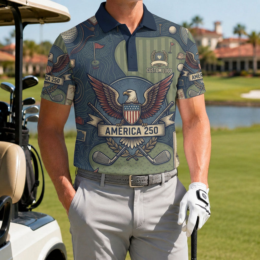 A male golfer wearing the customized USA Camo Eagle 250 Years polo standing proudly on a premium country club fairway green.