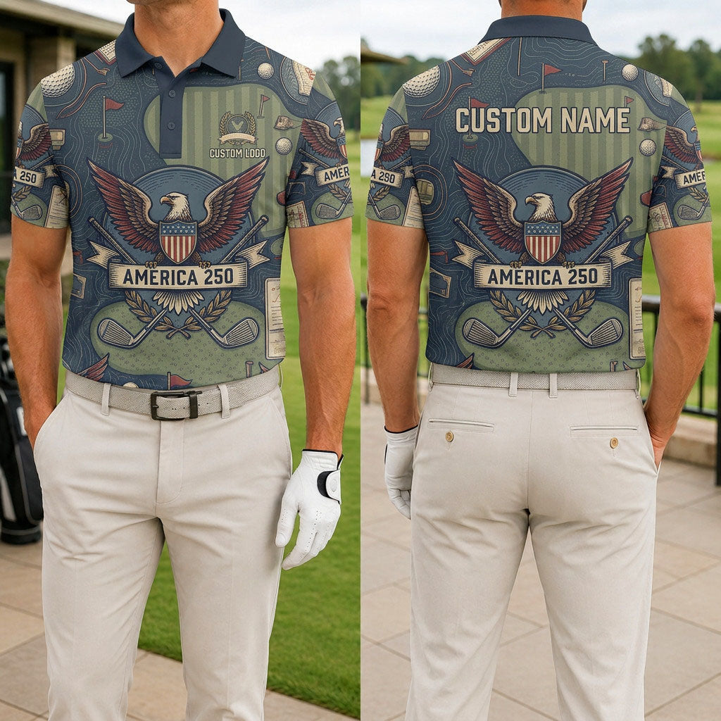 Front and back view of a personalized USA Camo Eagle polo shirt showing the custom name printing area on the back.
