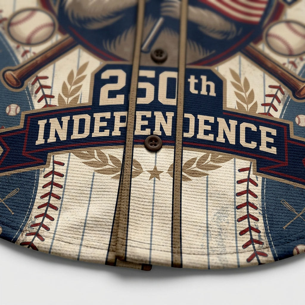 Close-up shot of the high-definition retro text reading 250th Independence and laurel wreath print on a patriotic baseball jersey.