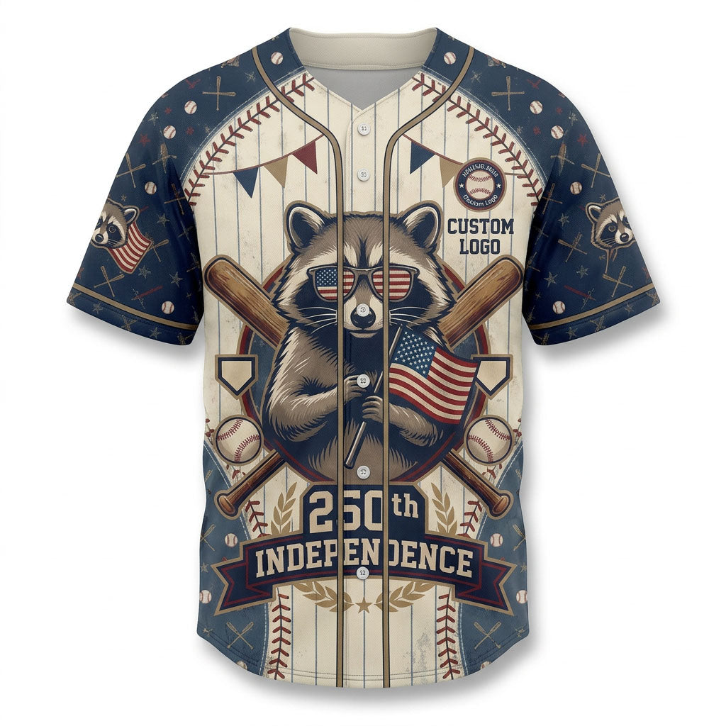 Front view of a cream and navy blue USA Raccoon 250th Independence baseball jersey featuring a cool raccoon holding an American flag.