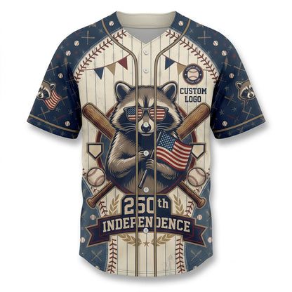 Front view of a cream and navy blue USA Raccoon 250th Independence baseball jersey featuring a cool raccoon holding an American flag.