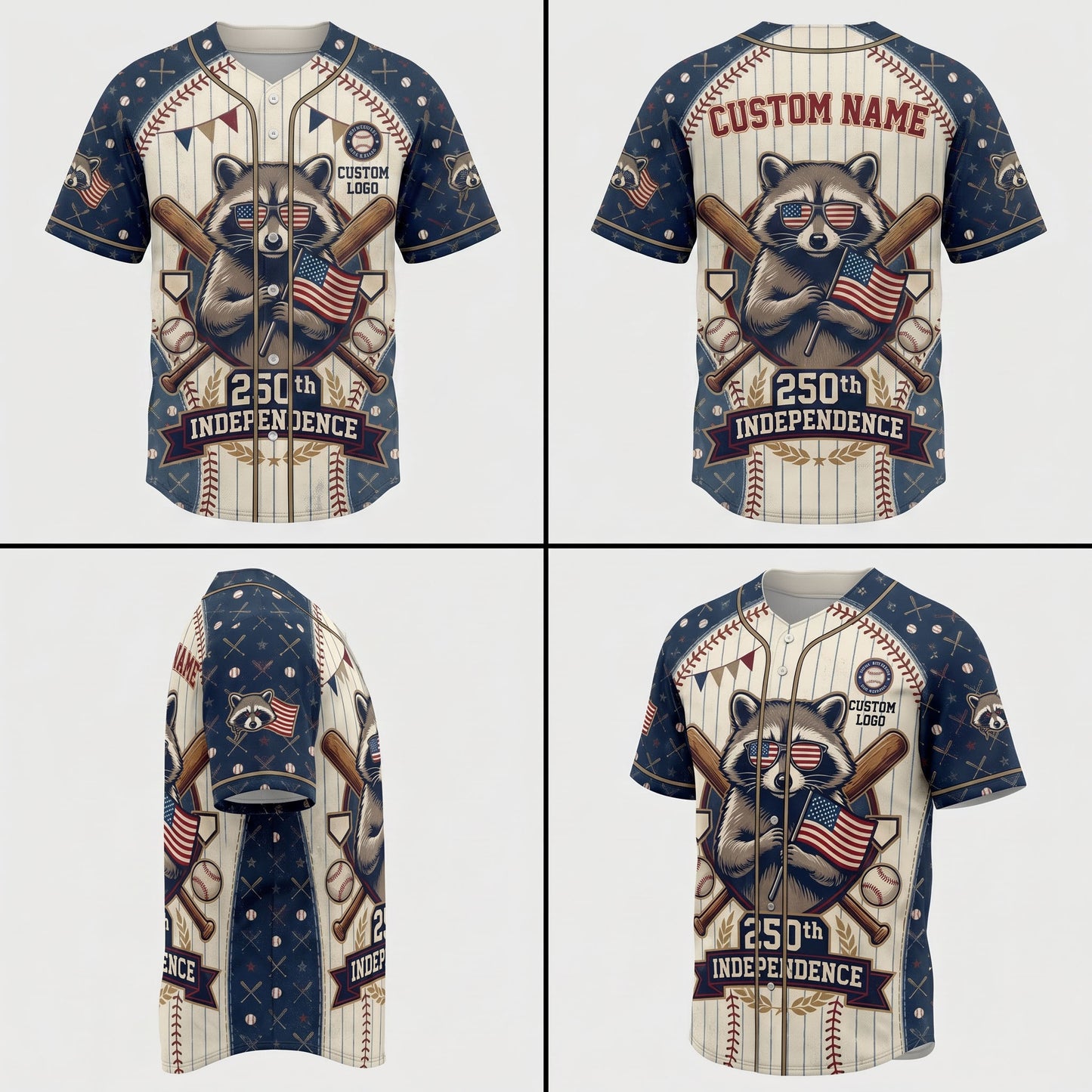 Multi-angle product display grid showcasing the front, back, side sleeve details, and raccoon patterns on the shoulder panels.