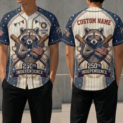 Front and back view of a custom name USA Raccoon Independence baseball jersey with a funny patriotic raccoon crest and crossed bats.
