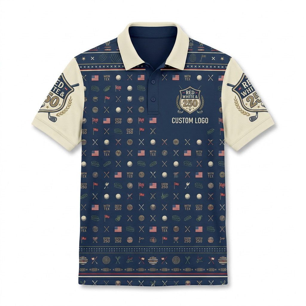 Front view of a navy and cream USA Red White 250 Years golf polo shirt with a custom badge print and geometric golf patterns.