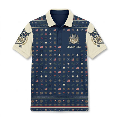 Front view of a navy and cream USA Red White 250 Years golf polo shirt with a custom badge print and geometric golf patterns.