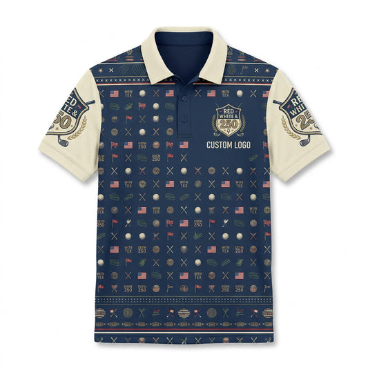 Front view of a navy and cream USA Red White 250 Years golf polo shirt with a custom badge print and geometric golf patterns.