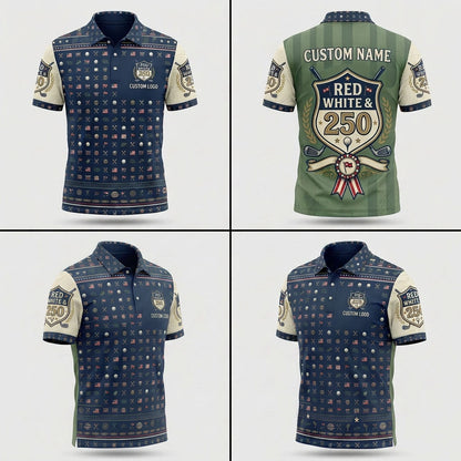 Multi-angle product display grid showcasing the front, back, pattern grid texture, and athletic tailored fit of the polo shirt.