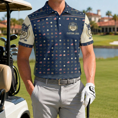 A male golfer wearing the customized USA Red White 250 Years polo shirt standing proudly on a premium country club fairway green.