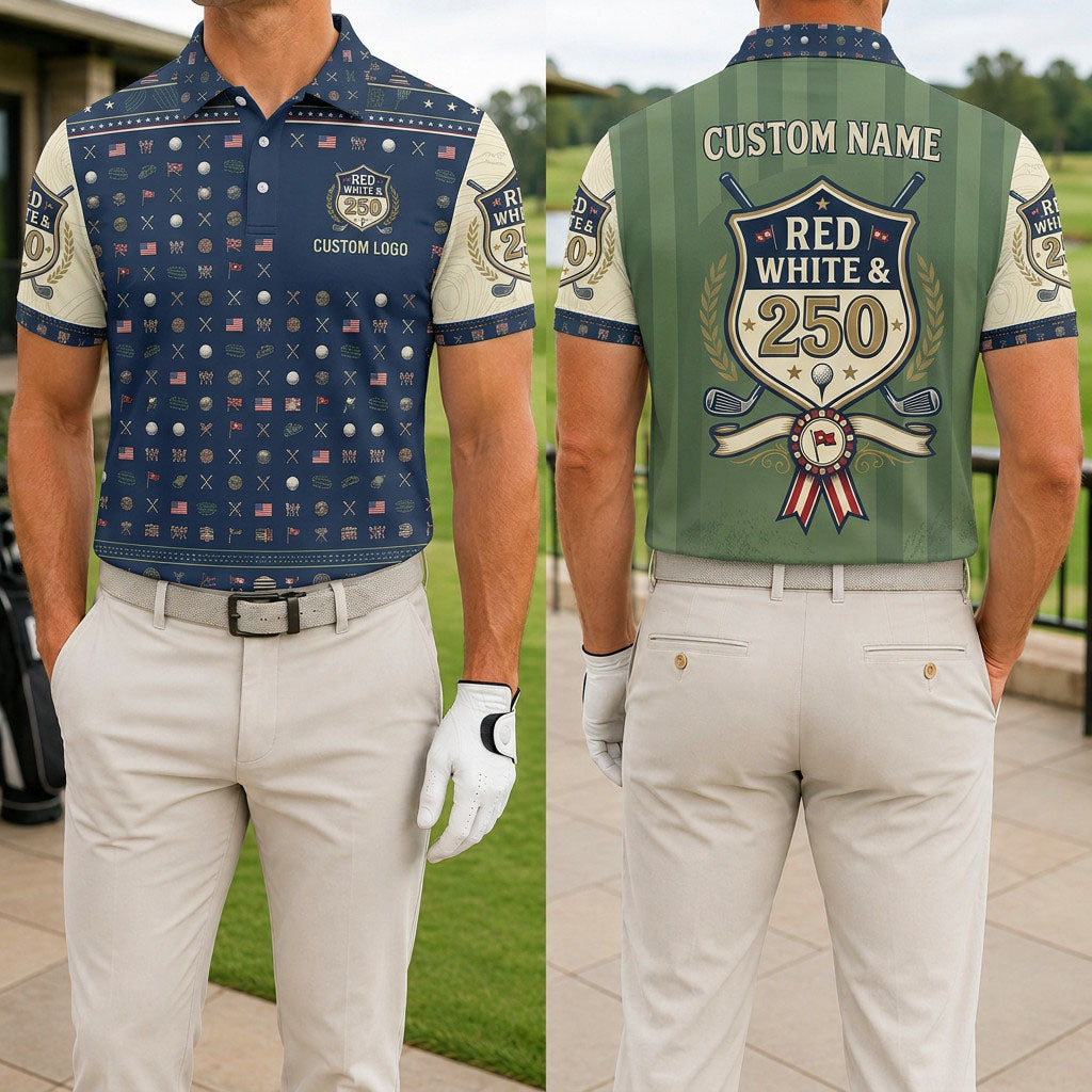 Front and back view of a personalized USA Red White golf polo shirt showing the custom name printing area on the back yoke.