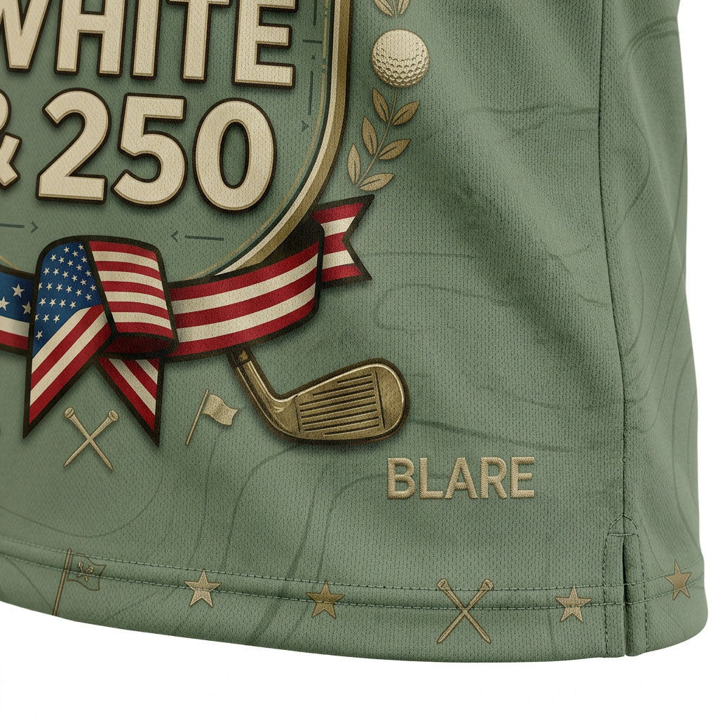 Close-up shot of the high-definition printed Red White & 250 shield emblem and patriotic ribbon text on a premium polo shirt.