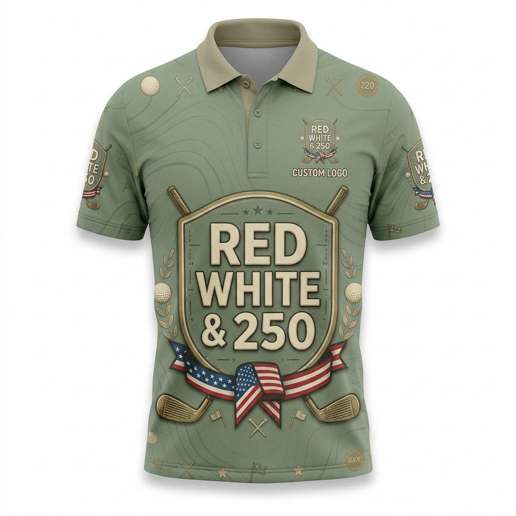 Front view of a sage green USA Red White 250 Years golf polo shirt with custom player name option badge.