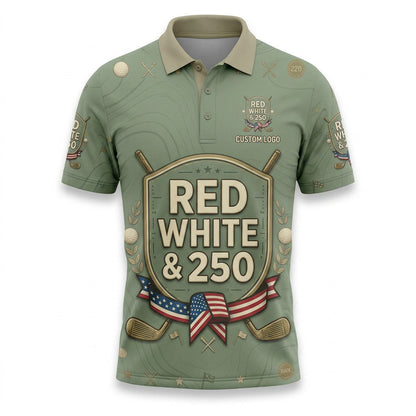 Front view of a sage green USA Red White 250 Years golf polo shirt with custom player name option badge.